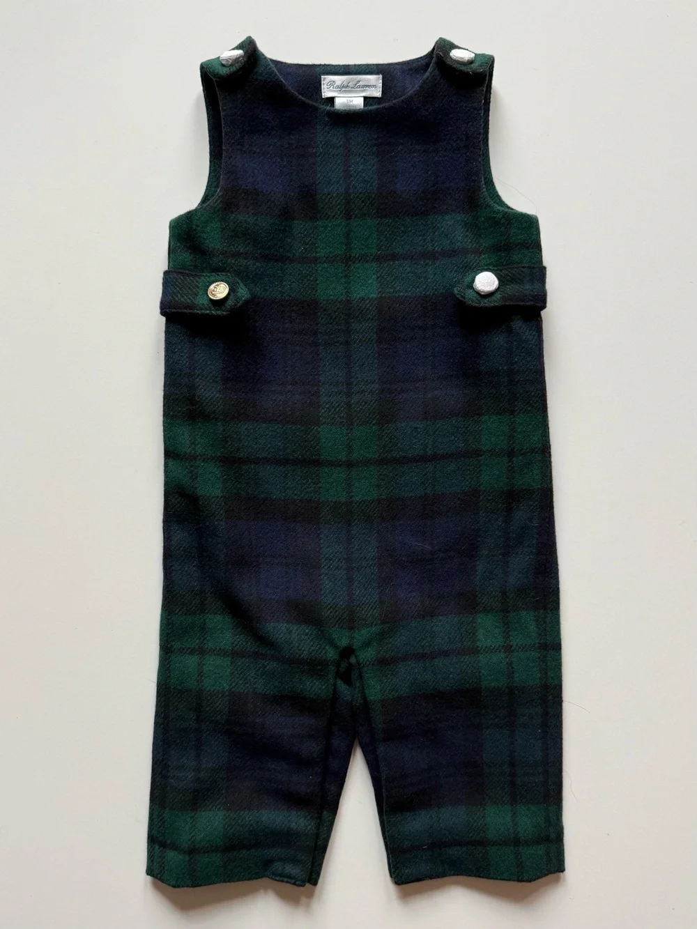 Ralph Lauren Baby Boy Interlock Bodysuit & Plaid Overall Set - Size 6M